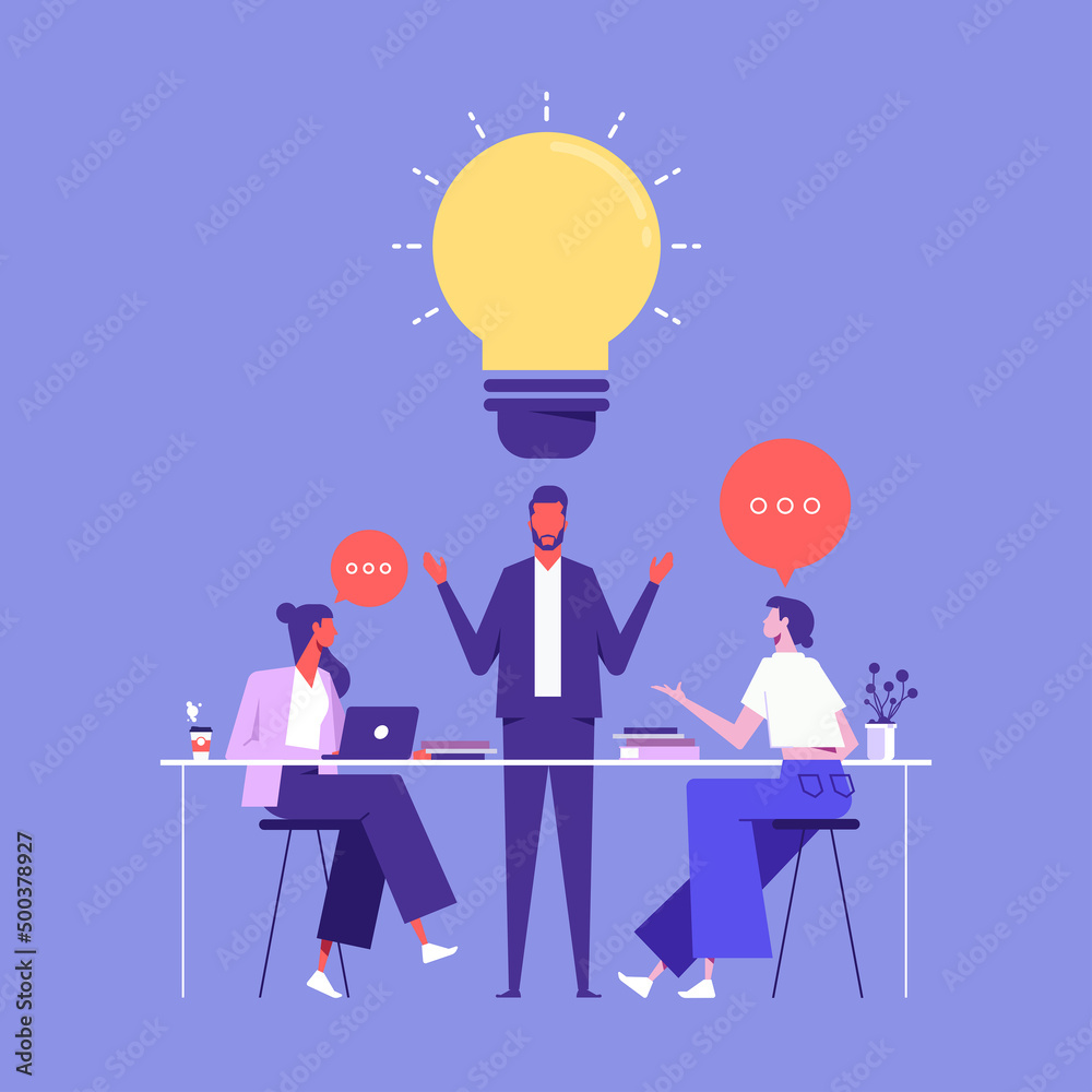 Business team working together, brainstorming, discussing ideas for project, people meeting at desk in office, vector illustration for co-working, teamwork, workspace concept Business team working together, brainstorming, discussing ideas for project, people meeting at desk in office, vector illustration for co-working, teamwork, workspace concept
