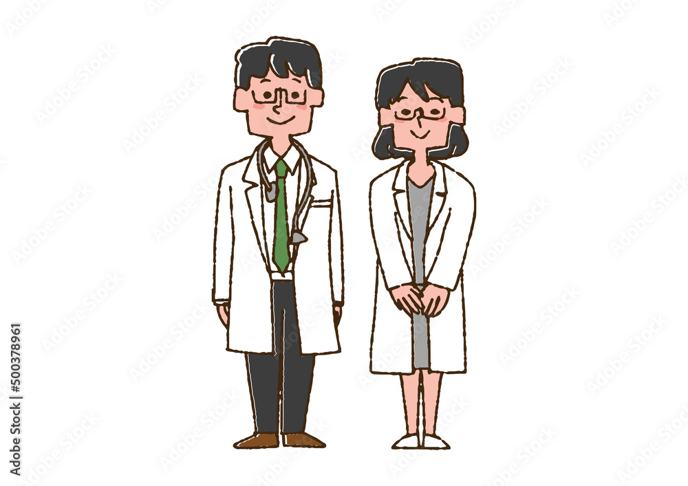 男性医師と女性医師 コミカルな手書きの人物　ベクター、線画にカラー
