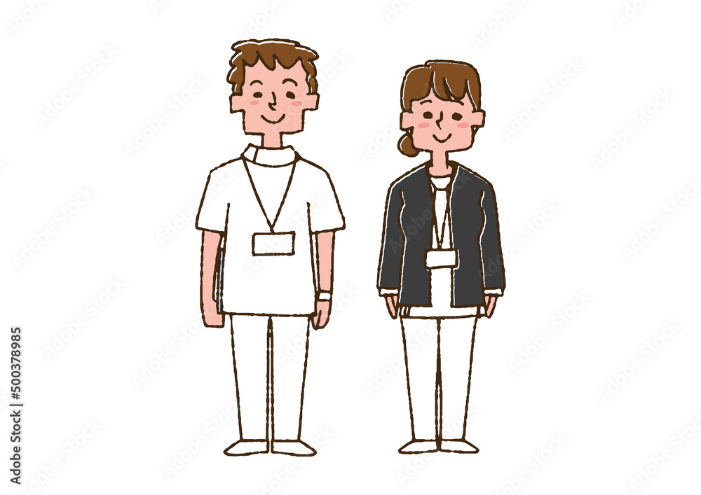 男性看護師と女性看護師 コミカルな手書きの人物 ベクター、線画にカラー 男性看護師と女性看護師 コミカルな手書きの人物 ベクター、線画にカラー