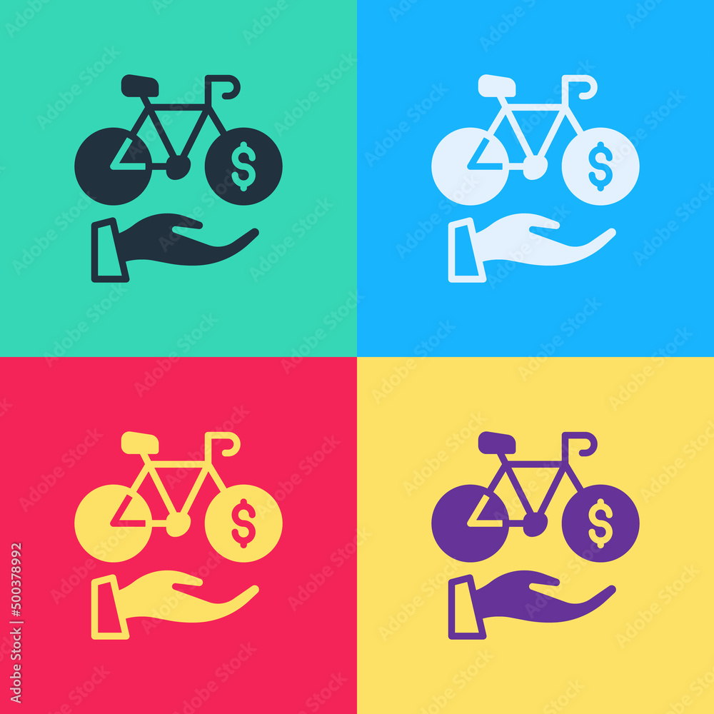 Pop art Bicycle rental mobile app icon isolated on color background. Smart service for rent bicycles in the city. Mobile app for sharing system. Vector Pop art Bicycle rental mobile app icon isolated on color background. Smart service for rent bicycles in the city. Mobile app for sharing system. Vector