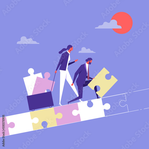 Man and woman couple building bridge with puzzle pieces, business partnership and teamwork concept
