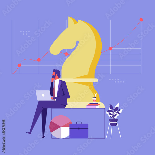 Business strategy, planning to achieve goal, management for company growth opportunity, smart businessman working with computer sit on target with chess knight and dashboard data