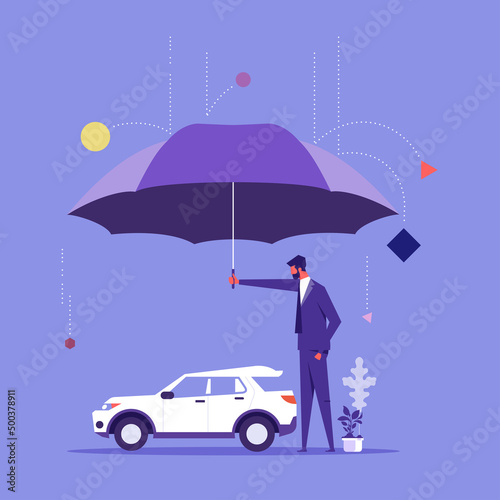 Car insurance, accident protection for vehicle, safety or assurance service concept, insurance agent stand with car under umbrella protection shield
