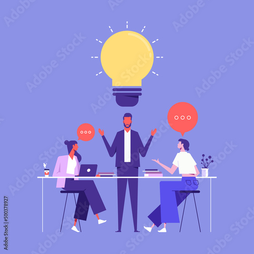 Business team working together, brainstorming, discussing ideas for project, people meeting at desk in office, vector illustration for co-working, teamwork, workspace concept