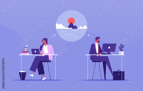 Overworked business people work at office and dream for vacation concept, two office workers dreaming of a vacation