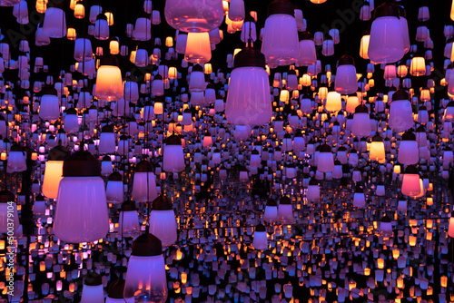 Photos Abstract of indefinite reflection of colorful lamps during festival or celebration
