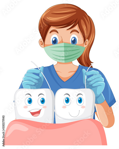 Dentist polishes the teeth using dental floss