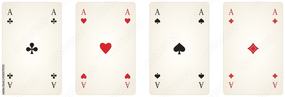 Ass Spielkarten Symbol Set Vektor in schwarz und rot. Herz, Kreuz, Pik und Karo Illustration. Weißer isolierter Hintergrund. Ass Spielkarten Symbol Set Vektor in schwarz und rot. Herz, Kreuz, Pik und Karo Illustration. Weißer isolierter Hintergrund.