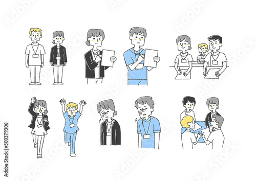 いろんな場面の看護師のイラストセット コミカルな手書きの人物　ベクター、線画にカラー
