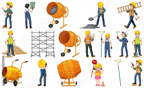 Construction worker set with man and tools