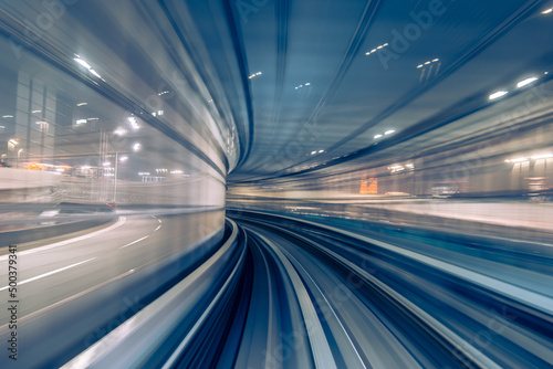 Long exposure motion blur from Yurikamome Monorail line in Tokyo, Japan. Abstract for Digital, Technology, Futuristic Transportation, Computer Network, and Communication concept. © KenSoftTH