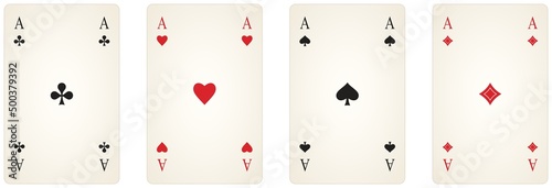 Ass Spielkarten Symbol Set Vektor in schwarz und rot. Herz, Kreuz, Pik und Karo Illustration. Weißer isolierter Hintergrund. photo