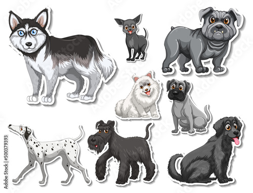 Sticker set of different dogs cartoon