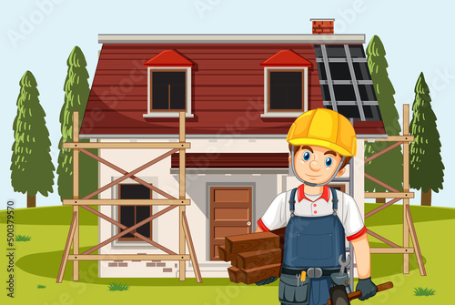 Cartoon scene of building construction site