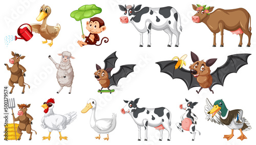 Many farm animals on white background