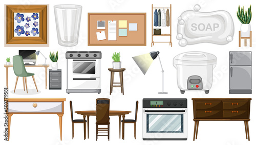 Furniture and household appliances on white background