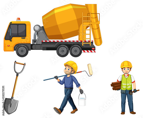 Construction worker set with truck and man