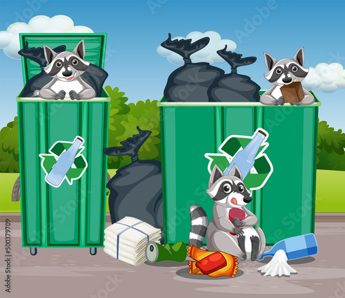 Trashcans with many trash and raccoons