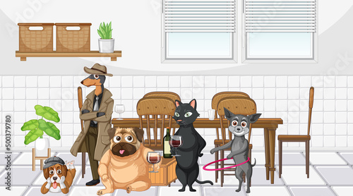 Set of different domestic animals in kitchen