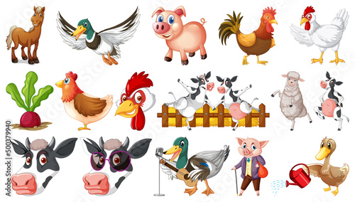 Many farm animals on white background