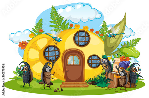 Fantasy lemon house with cartoon beetles