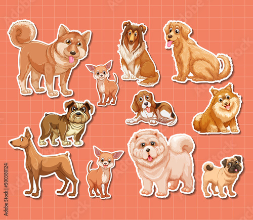 Sticker set of different dogs cartoon