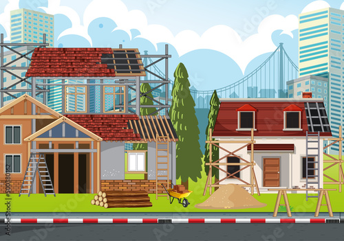 Cartoon scene of building construction site