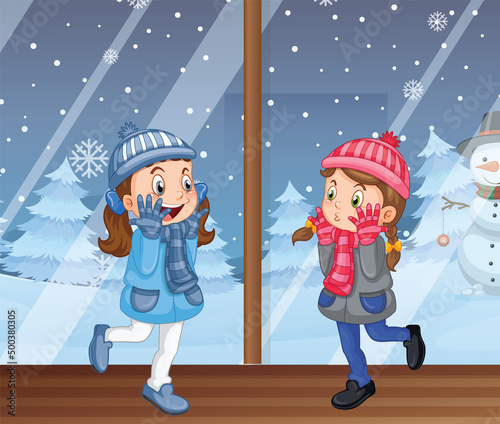 Two girls in winter clothes