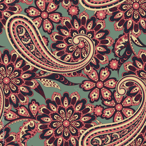 Floral fabric background with paisley ornament. Seamless vector pattern