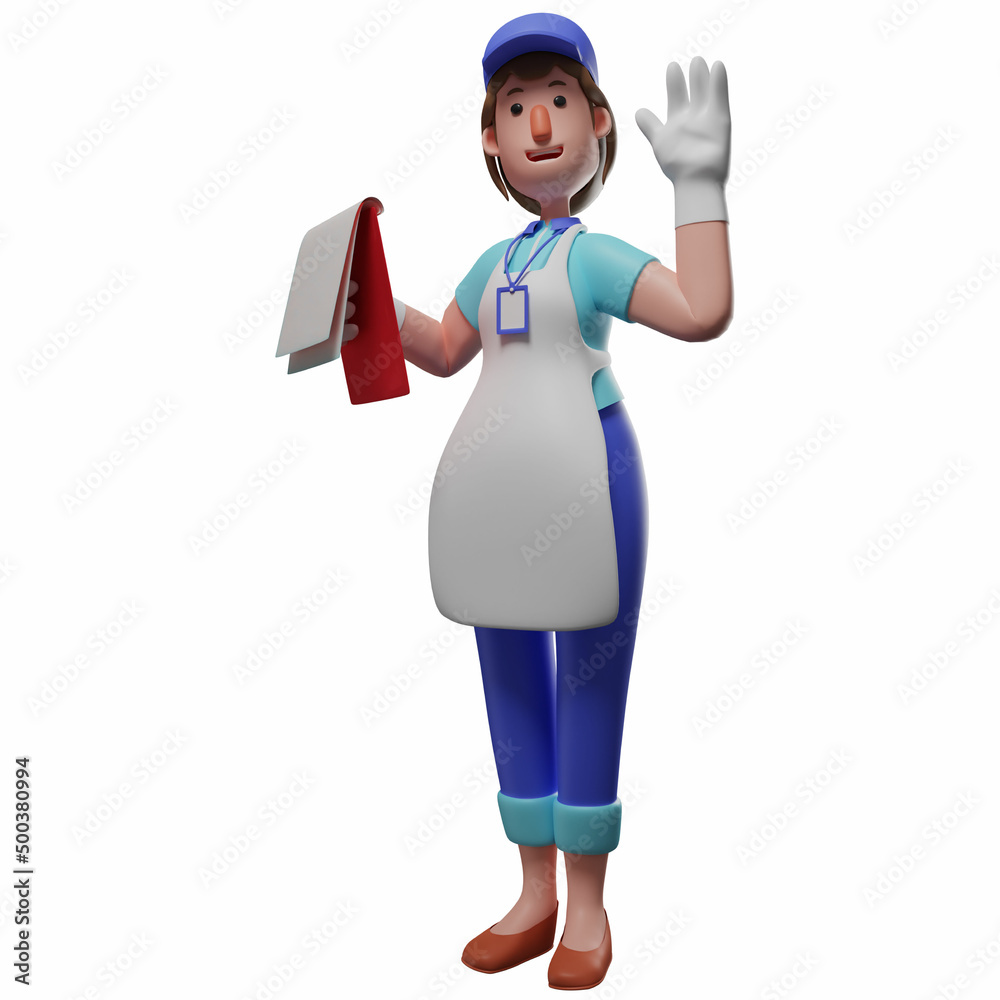 3D Waiter Cartoon Illustration checking a note