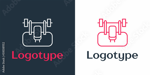 Logotype line Bench with barbel icon isolated on white background. Gym equipment. Bodybuilding, powerlifting, fitness concept. Logo design template element. Vector