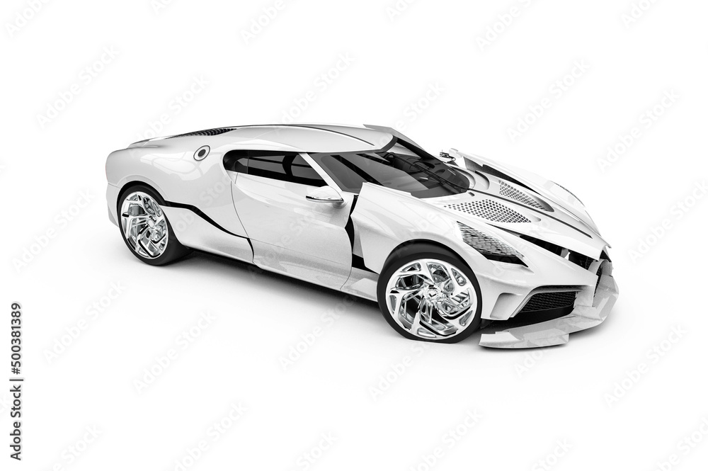 3D render Image representing an expensive car involved in an accident
