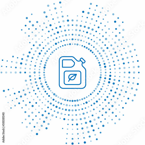 Blue line Bio fuel canister icon isolated on white background. Eco bio and barrel. Green environment and recycle. Abstract circle random dots. Vector