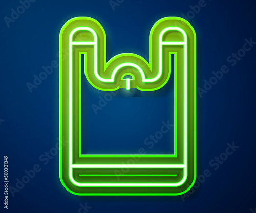 Glowing neon line Plastic bag icon isolated on blue background. Disposable cellophane and polythene package prohibition sign. Vector