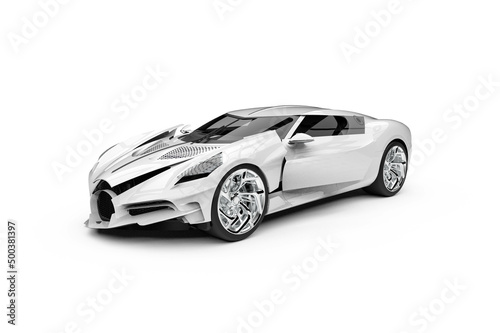 3D render image representing a damage high class sport car in white  © Mlke