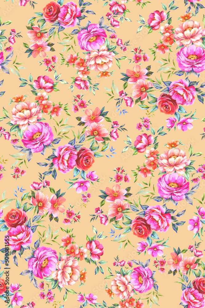 Lush floral pattern with hand painted botanical peonies, roses, chrysantemums, wild flowers and levaes. Multicolor multidirectional allover design with beautiful blooming flowers. 
