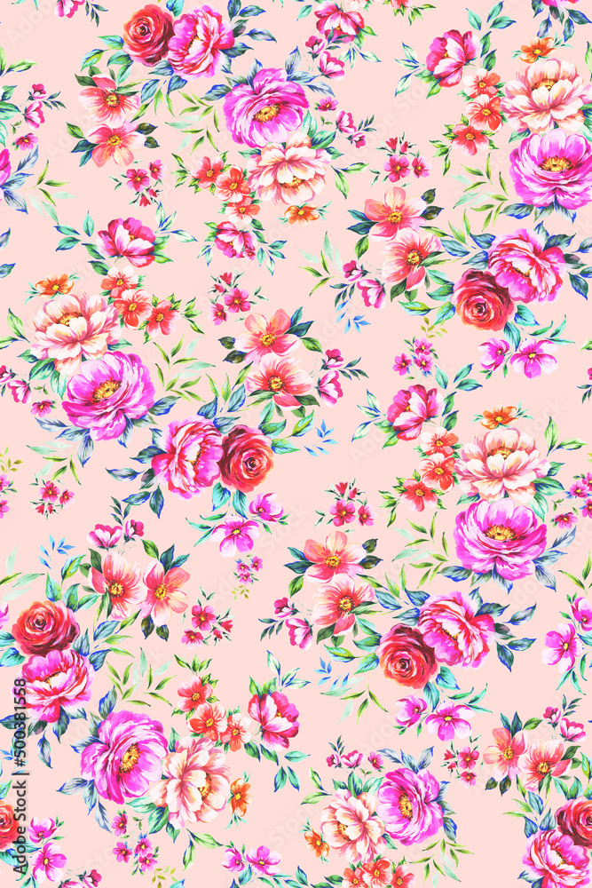 Lush floral pattern with hand painted botanical peonies, roses, chrysantemums, wild flowers and levaes. Multicolor multidirectional allover design with beautiful blooming flowers. 
