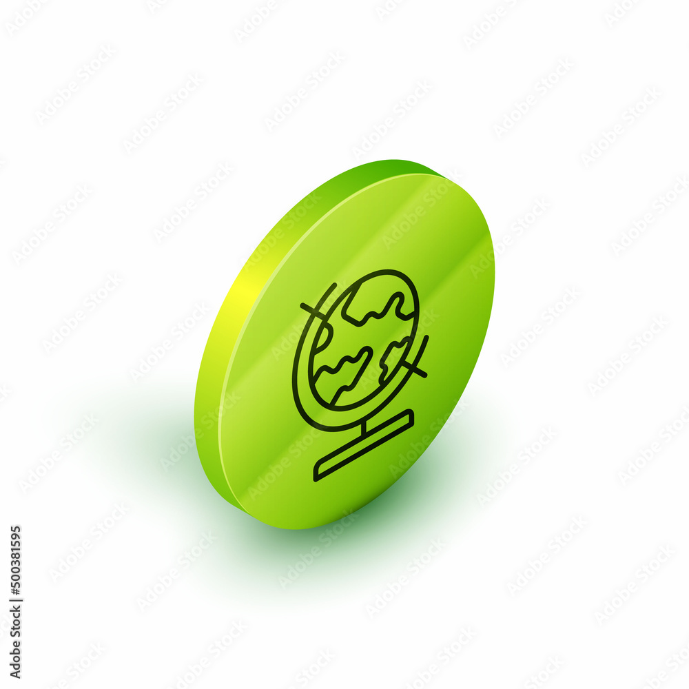 Isometric line Earth globe icon isolated on white background. Green circle button. Vector Isometric line Earth globe icon isolated on white background. Green circle button. Vector