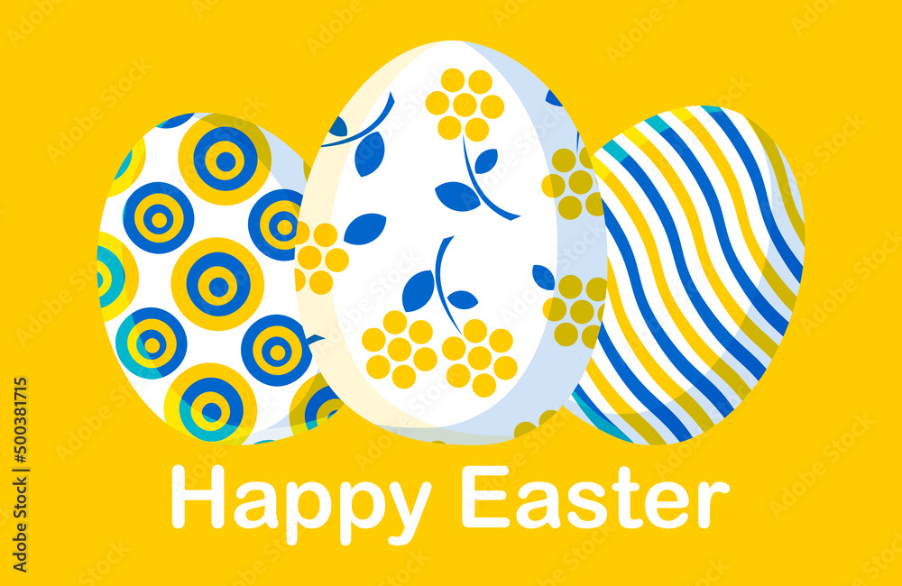 Easter. Stylish trendy horizontal postcard on a yellow background with cute painted eggs in a modern design. 