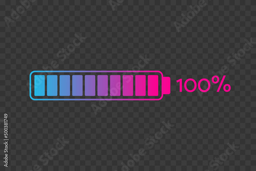 100 percent chart. Vector percentage infographics on transparent background. Isolated gradient icon. Sign for download, full battery charge, growth, progress, power, energy level, business, design photo