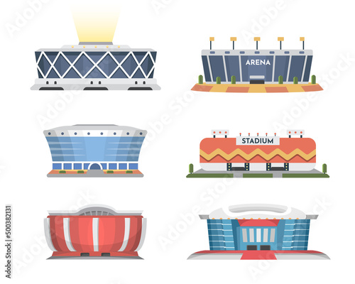 Sport stadium front view vector collection in cartoon style. City arena exterior illustration set. Vector illustration