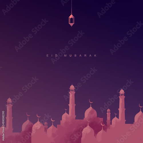 Eid Mubarak Islamic Design Crescent Moon, Mosque and Lantern 