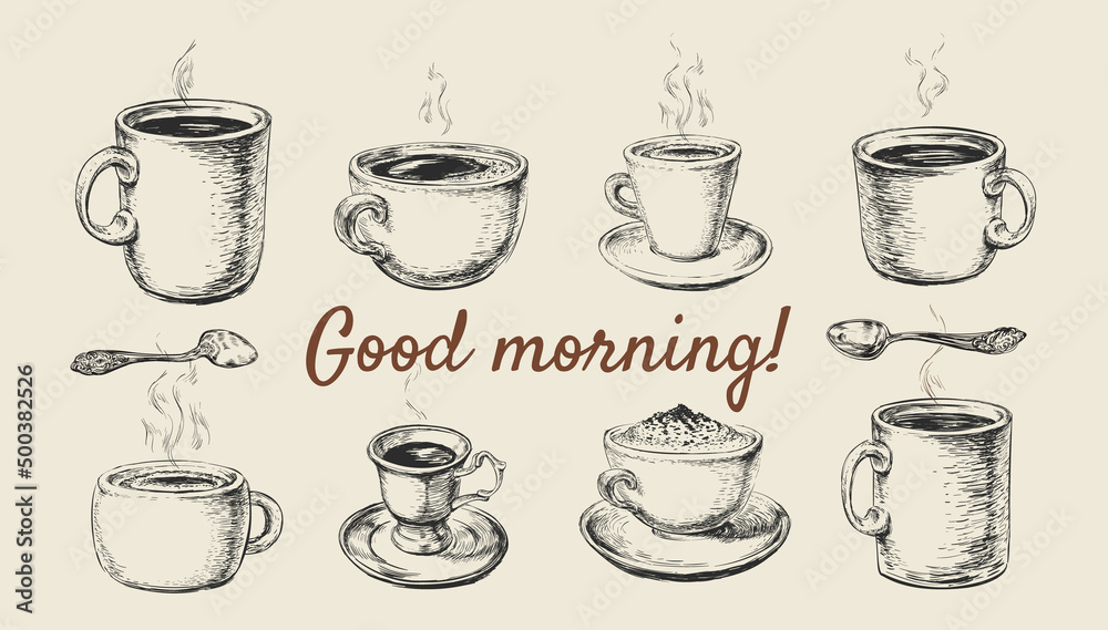 Coffe Cup Mug Set. Spoon. Hand Drawn Sketch Coffee Vector Illustration. Good morning. Breakfast. Cafe. Coffe Cup Mug Set. Spoon. Hand Drawn Sketch Coffee Vector Illustration. Good morning. Breakfast. Cafe.