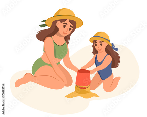 Mother plays with her child on the seashore  builds a sand castle. Parents and children play in the sandbox. Vector illustration