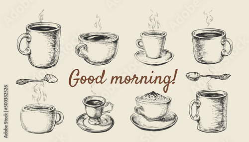 Coffe Cup Mug Set. Spoon. Hand Drawn Sketch Coffee Vector Illustration. Good morning. Breakfast. Cafe.