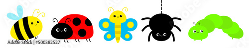 Ladybug ladybird, spider, bee bumblebee, butterfly, lady bug, caterpillar, catapillar. Insect set line. Cute cartoon funny kawaii baby animal character. Flat design. White background. Isolated.