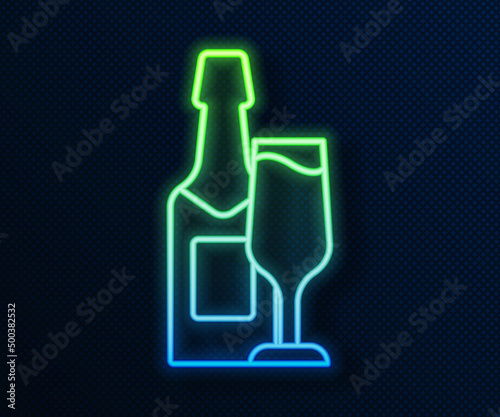 Glowing neon line Champagne bottle and glass of champagne icon isolated on blue background. Merry Christmas and Happy New Year. Vector
