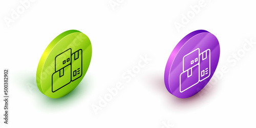 Isometric line Cash register machine with a check icon isolated on white background. Cashier sign. Cashbox symbol. Green and purple circle buttons. Vector