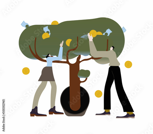 Business investment profit. Metaphor of income and earnings. Businessman and businesswoman characters collect money from money tree. Financing concept.