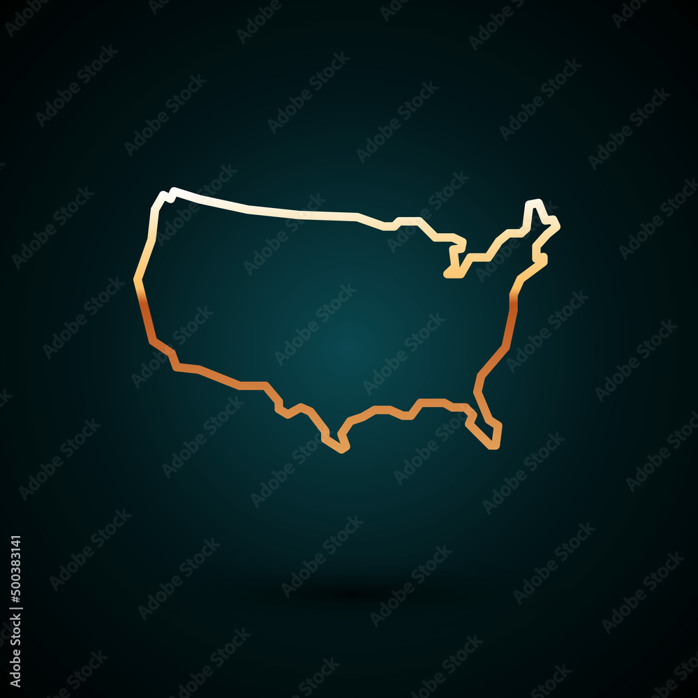 Gold line USA map icon isolated on dark blue background. Map of the United States of America. Vector Gold line USA map icon isolated on dark blue background. Map of the United States of America. Vector